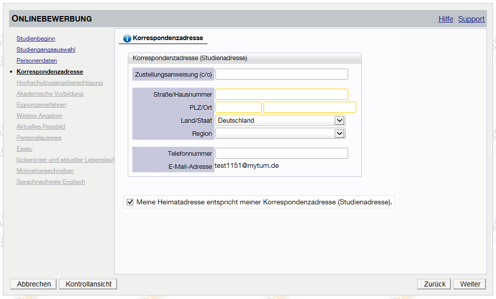 Screenshot TUMonline Maske Adresse