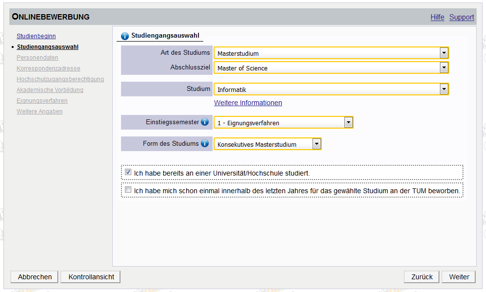 Screenshot TUMonline Maske Auswahl Studiengang